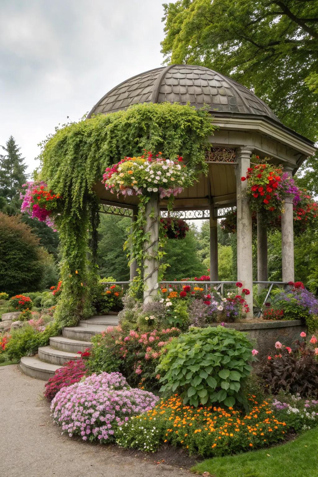 A round gazebo turned into a lush garden oasis.