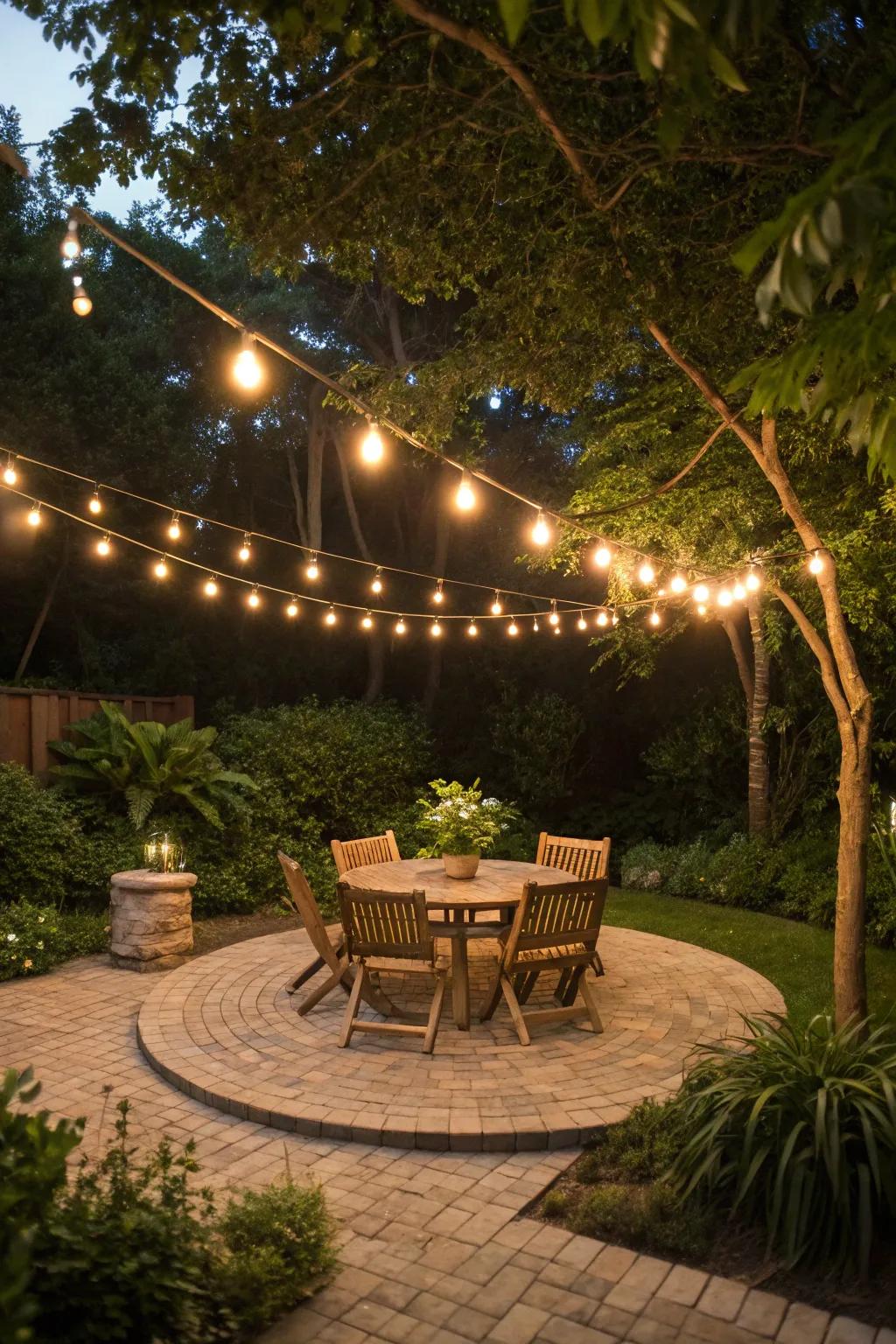 A round patio illuminated by string lights, creating a cozy and magical atmosphere.