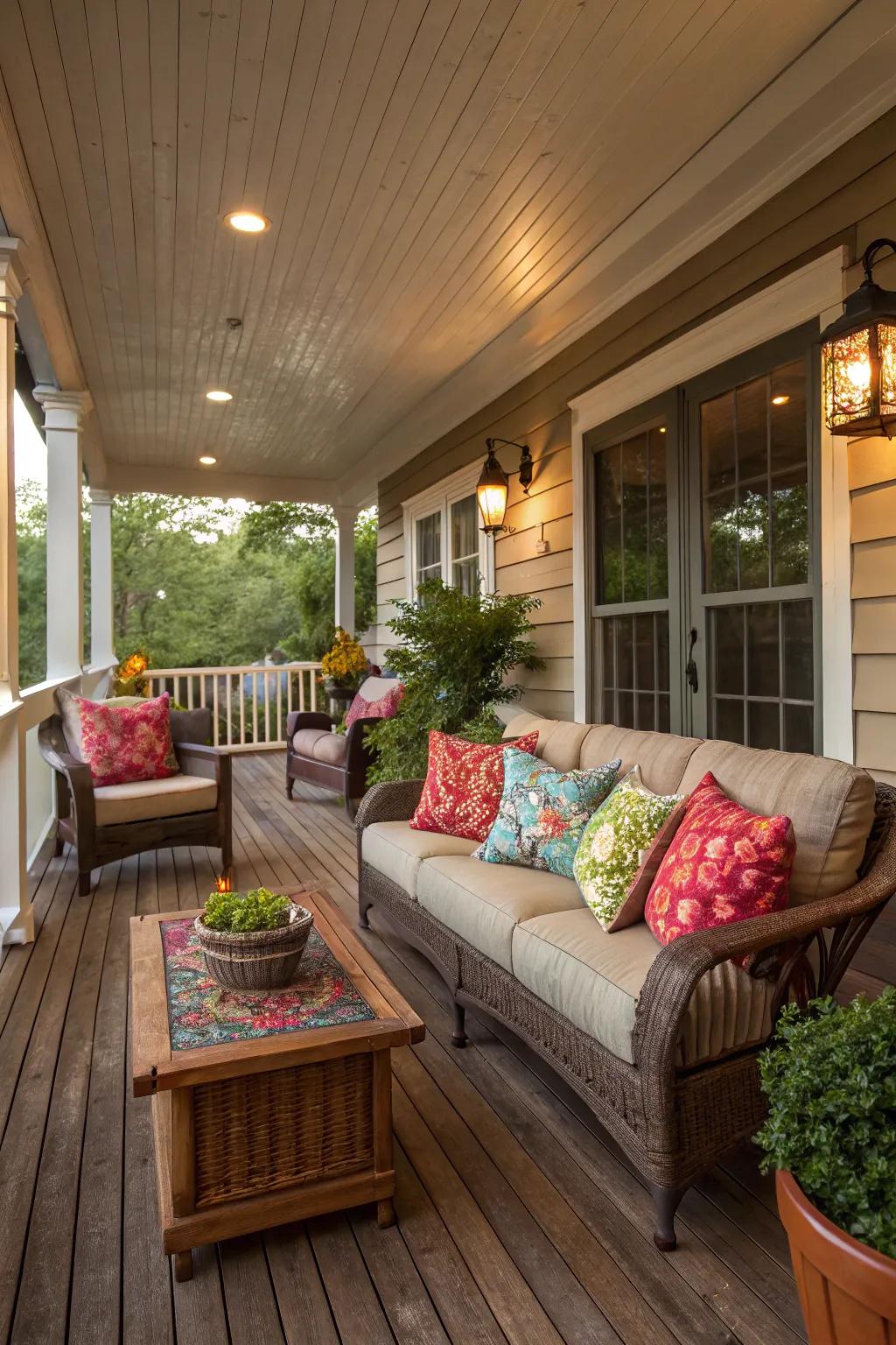 Comfortable seating transforms your porch into a cozy lounging spot.