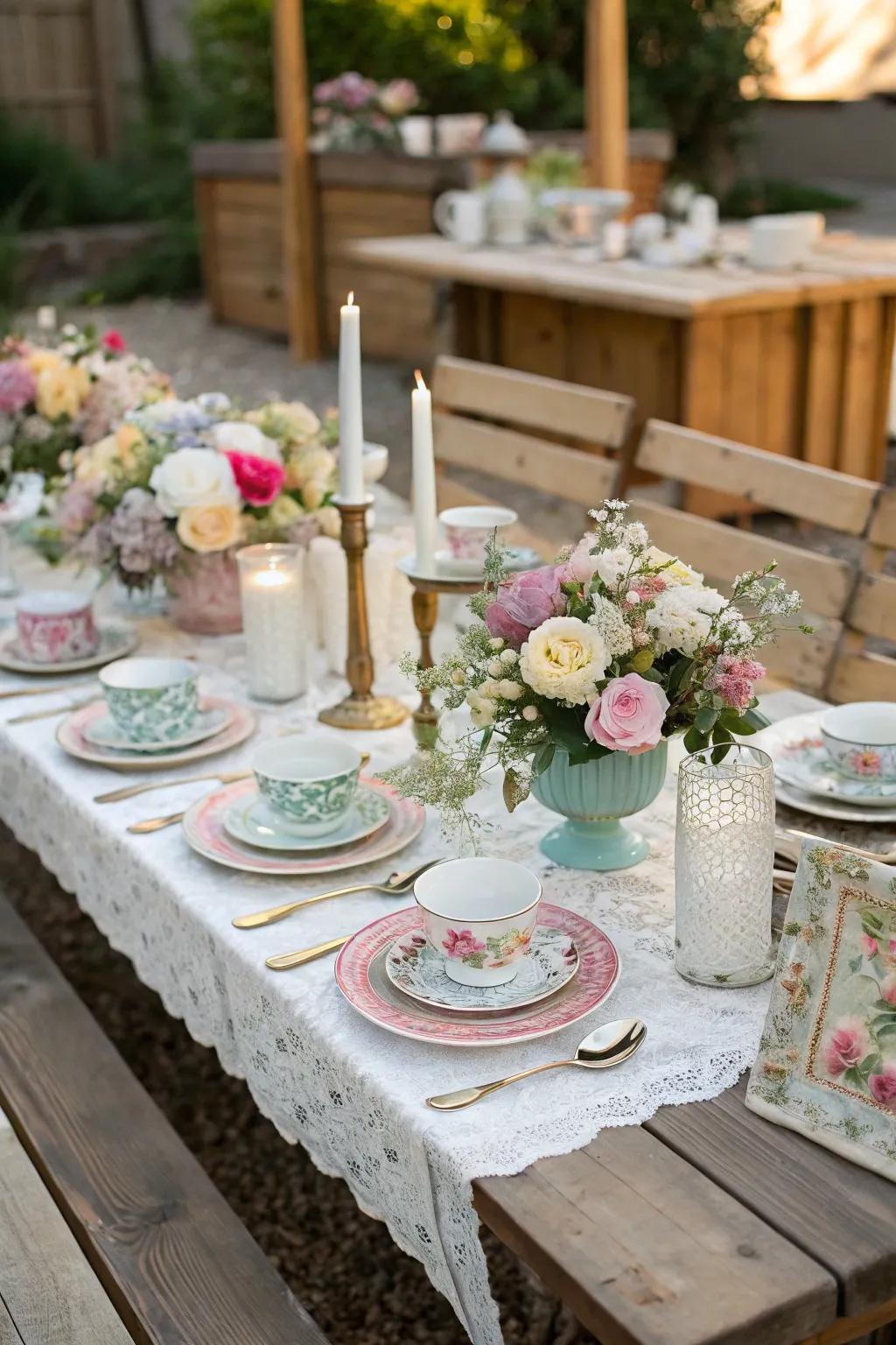 A charming table setting with mismatched tableware for a rustic backyard wedding.