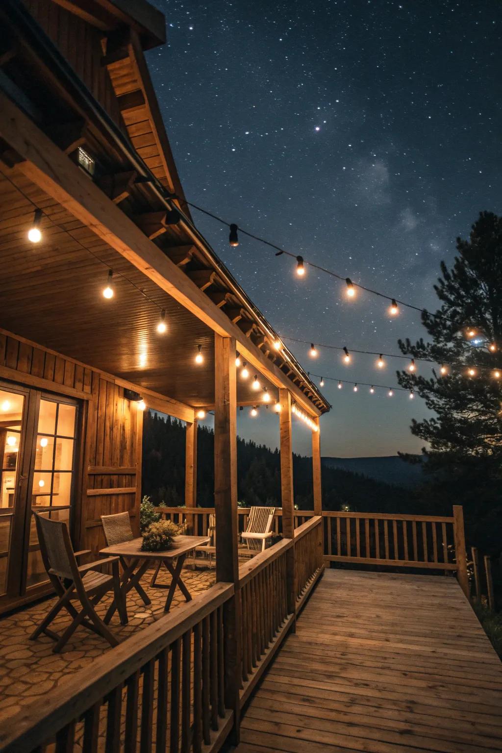 A rustic balcony softly illuminated by the glow of string lights, perfect for night-time ambiance.