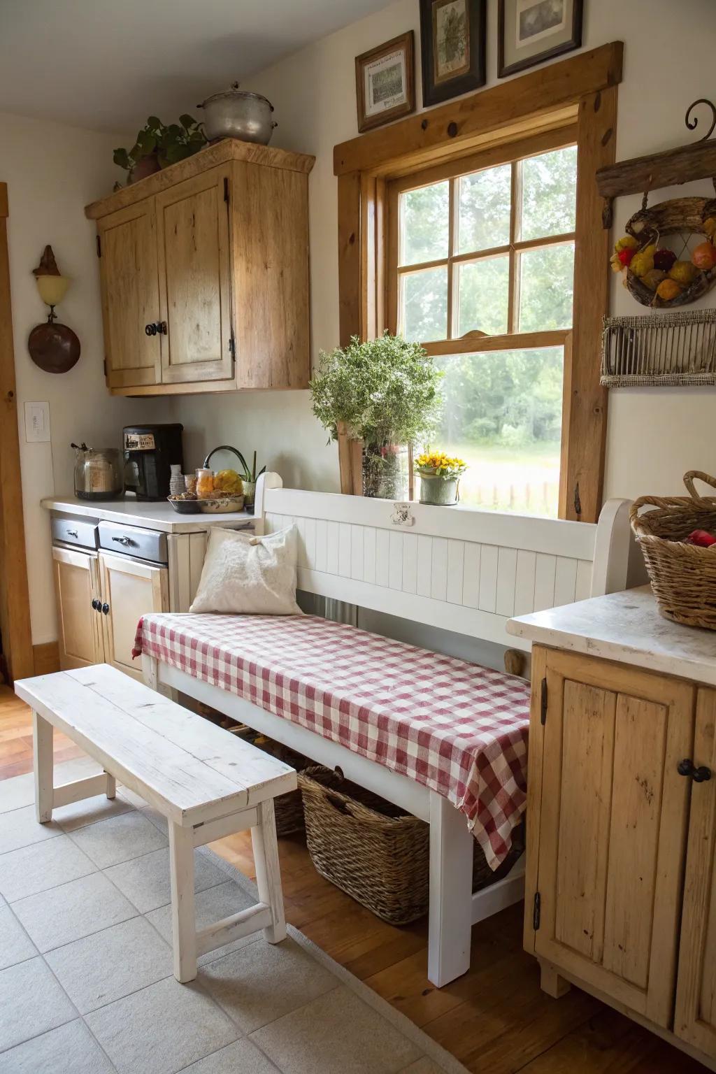 Add farmhouse charm with a painted barn wood bench.