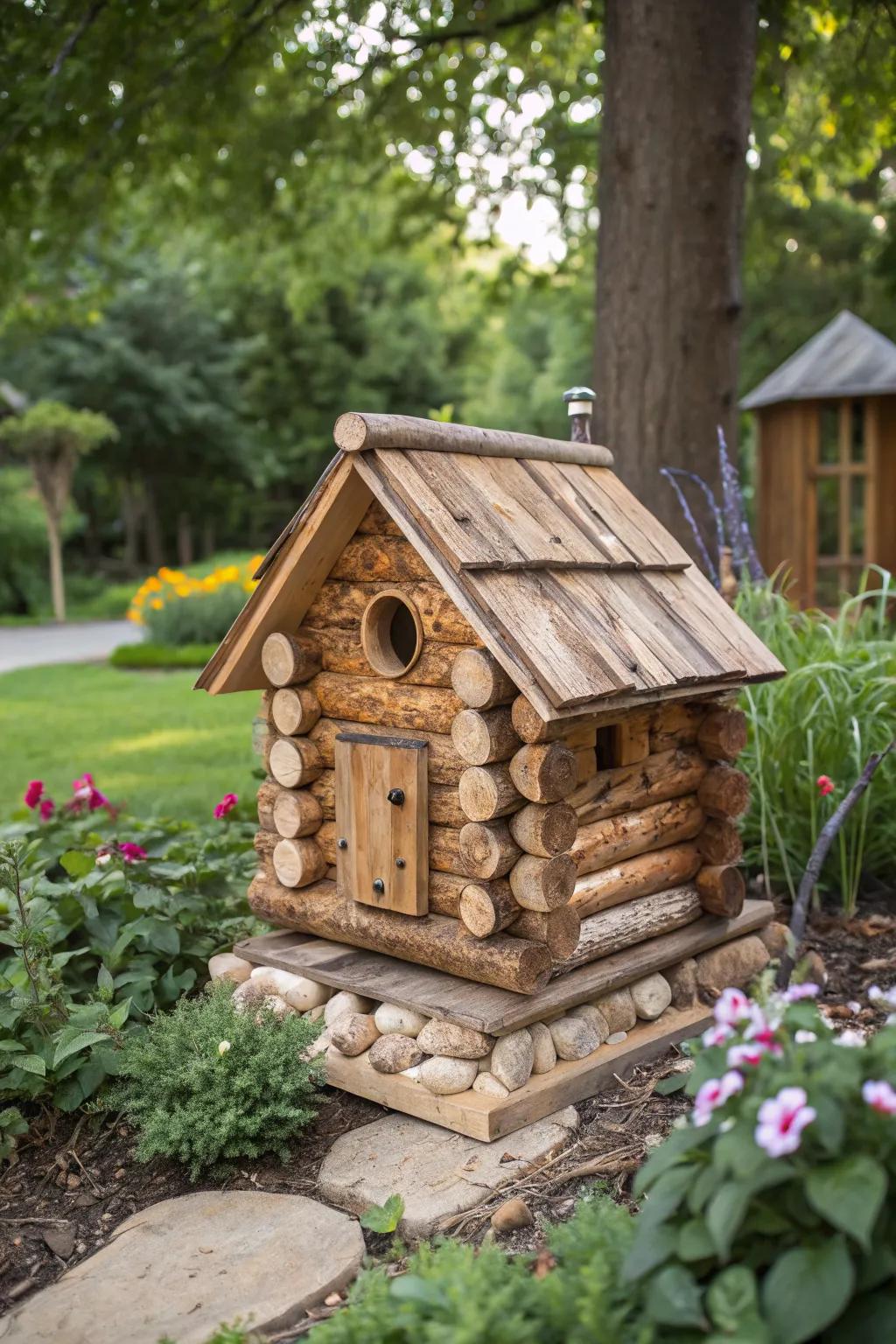 A log cabin birdhouse, a cozy retreat for garden visitors.