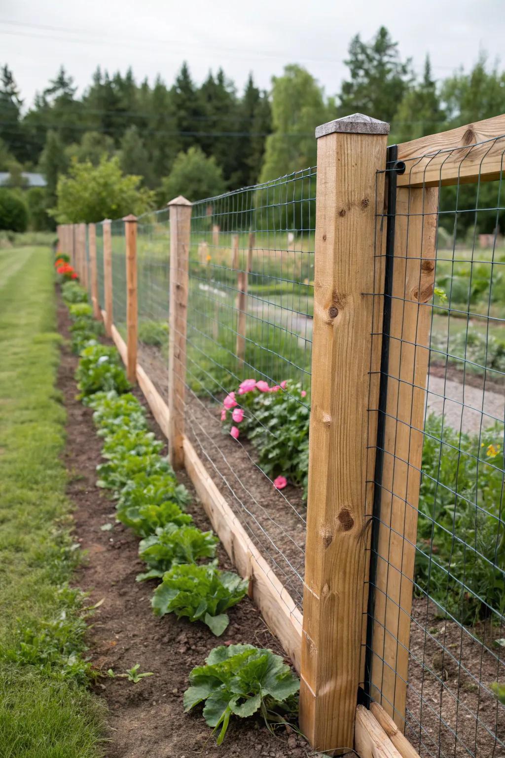 A cedar and wire mesh fence protecting a thriving garden.