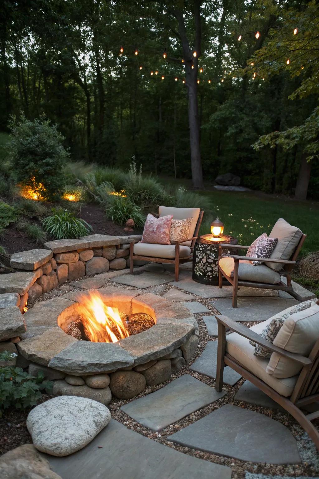 An in-ground fire pit offers a seamless and striking backyard feature.