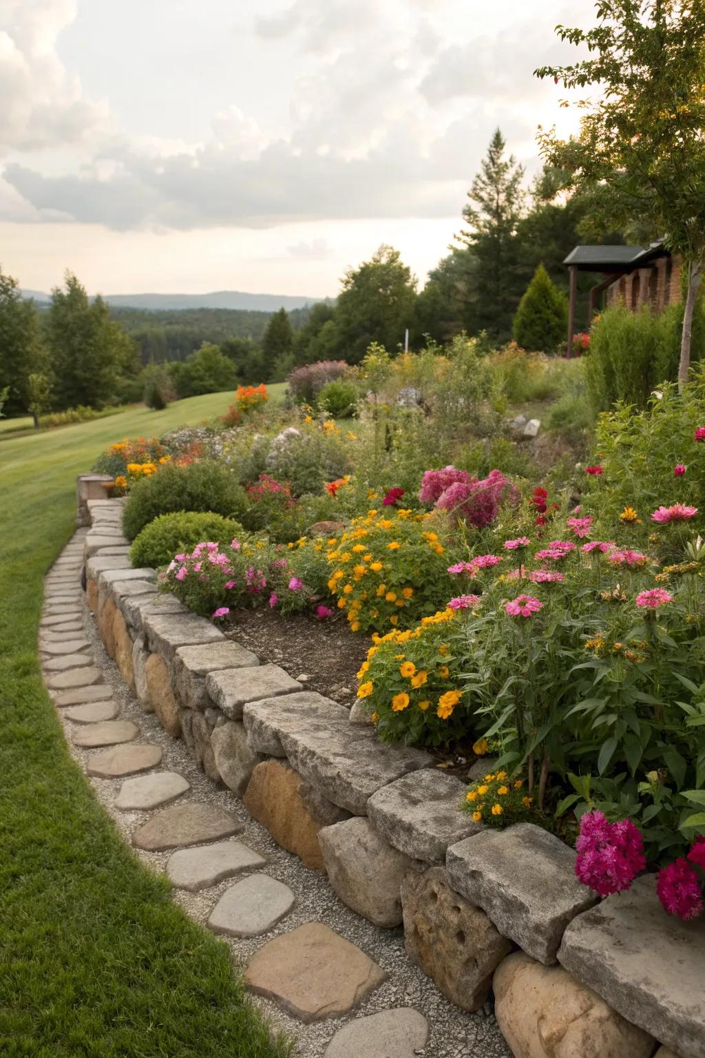 Natural stone borders elegantly define this rustic flower bed.