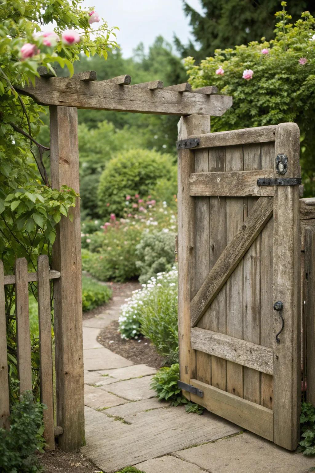 A gate made from reclaimed wood, full of character and history