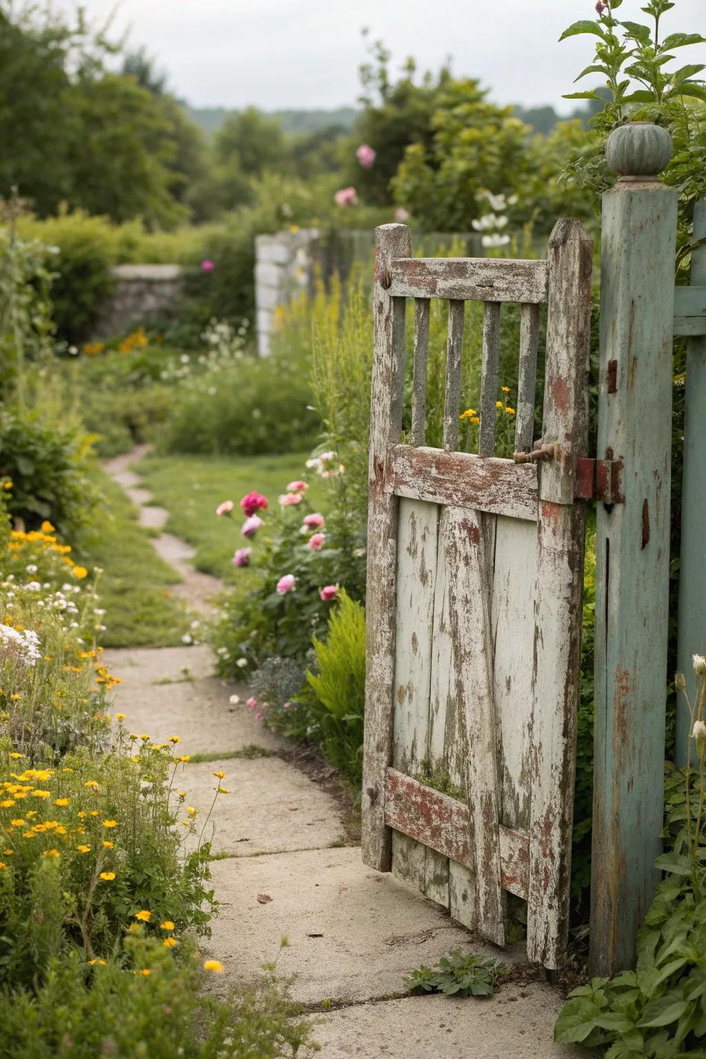 A garden gate with a charming weathered and vintage look.