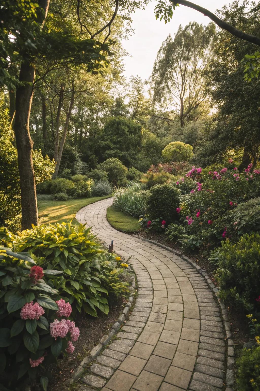 A stone pathway adds structure and charm to the garden.