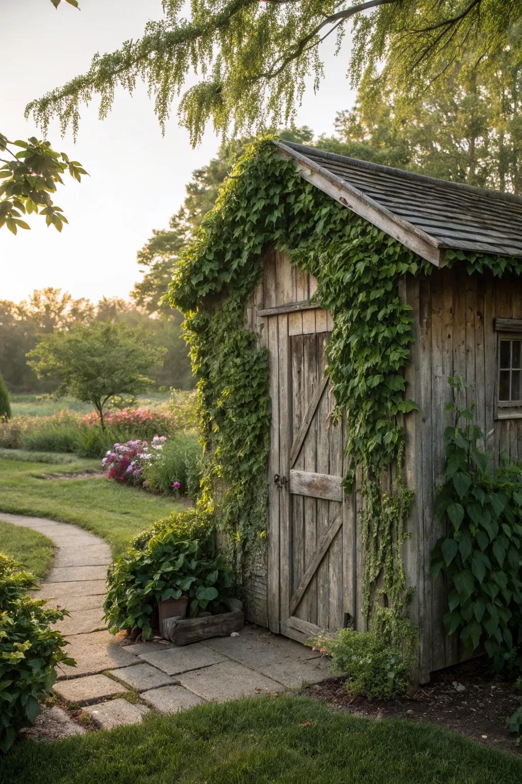 Climbing vines add a magical touch to this rustic garden shed.