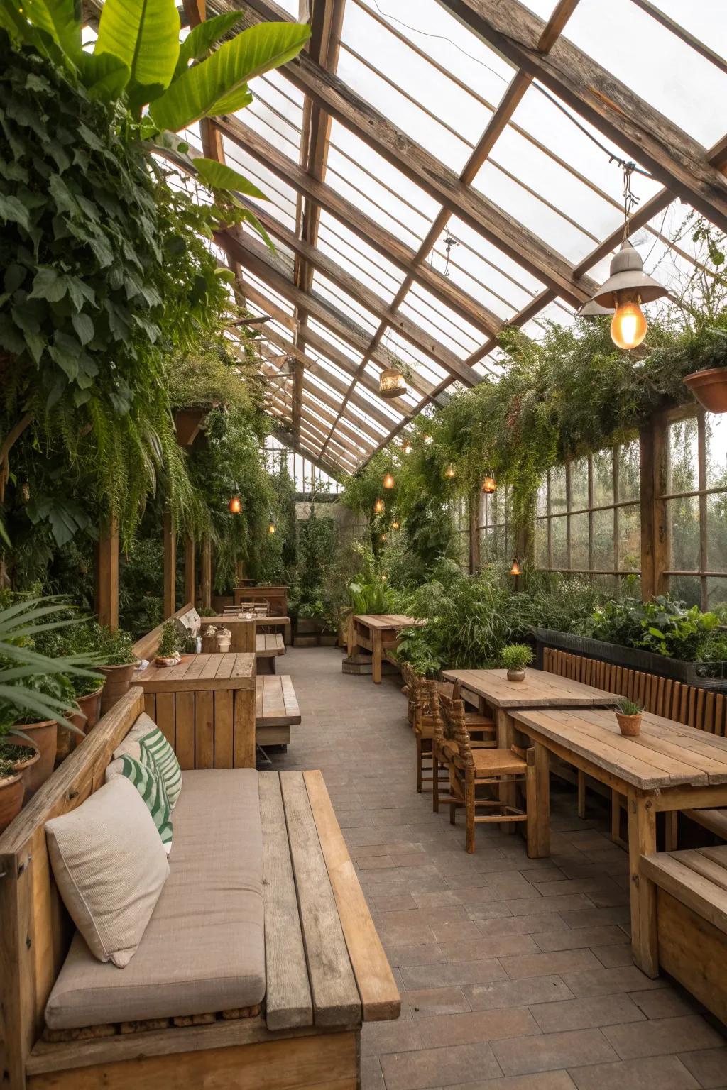 A cozy corner in the greenhouse perfect for relaxation.