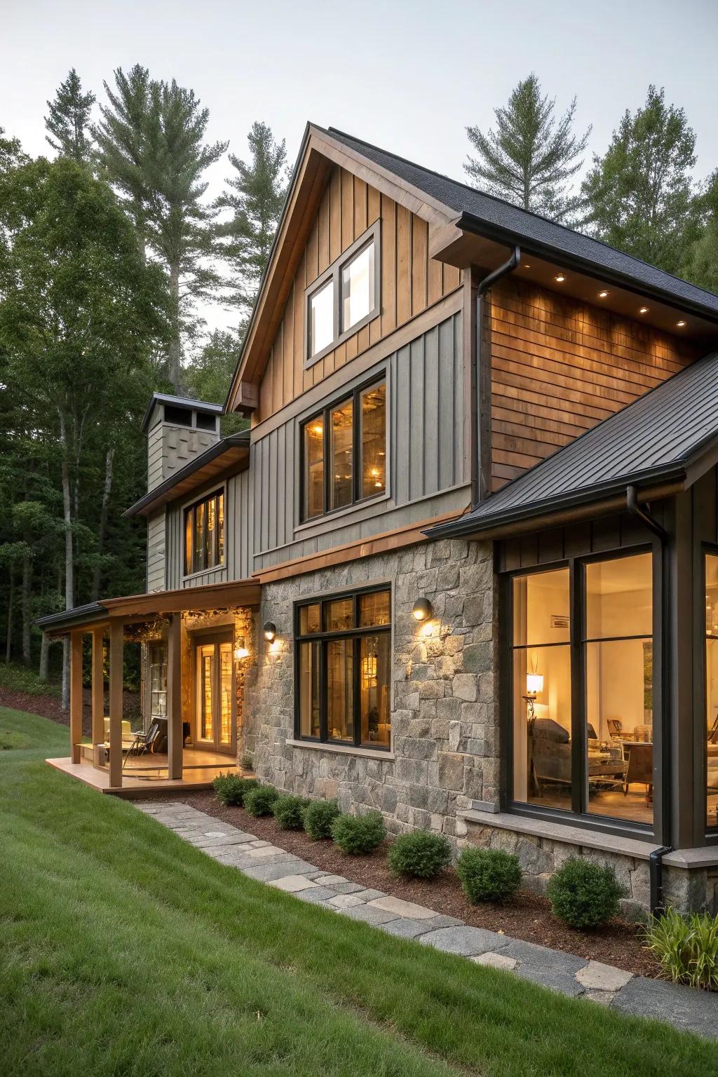 A modern twist on rustic with mixed siding materials.