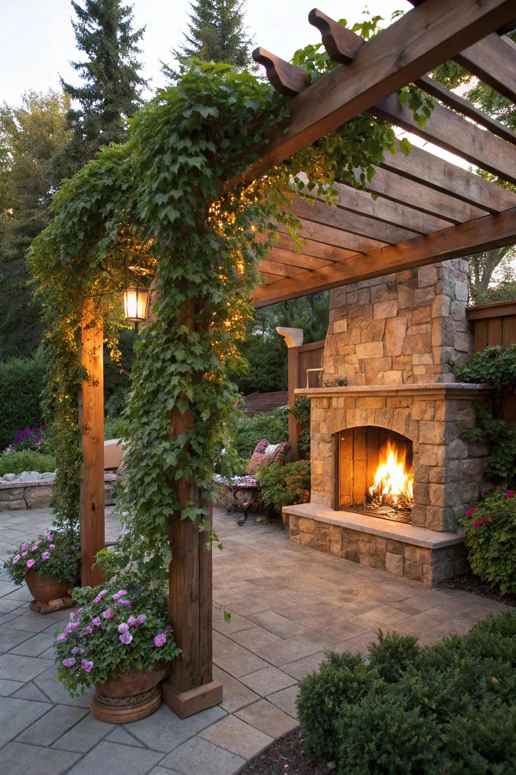 A charming pergola provides shade and structure to the fireplace area.