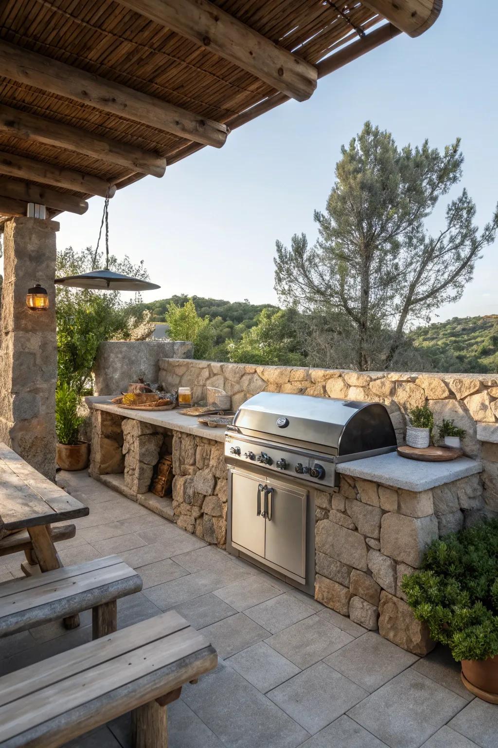 A modern grill is seamlessly integrated into the rustic setting.