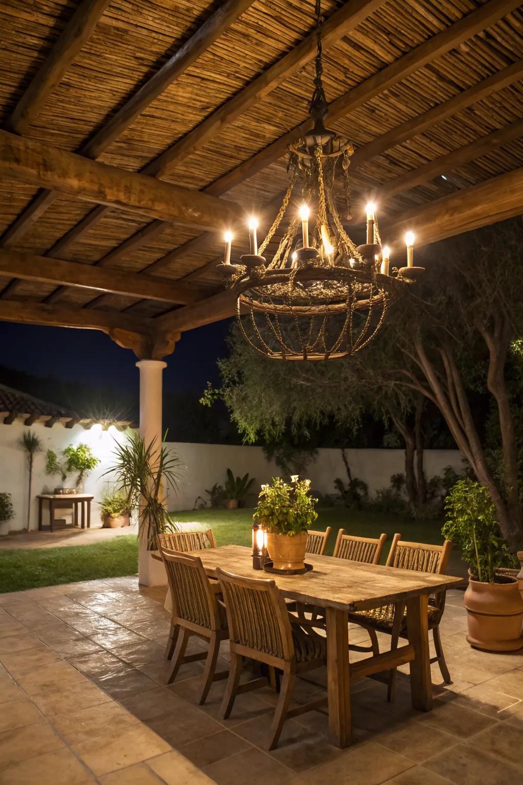 A rustic chandelier illuminating an outdoor dining area.