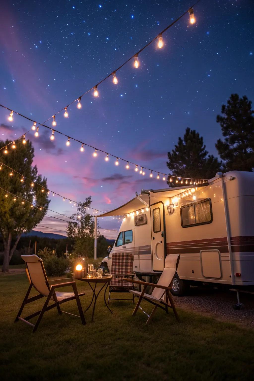 String lights create a warm and inviting atmosphere.