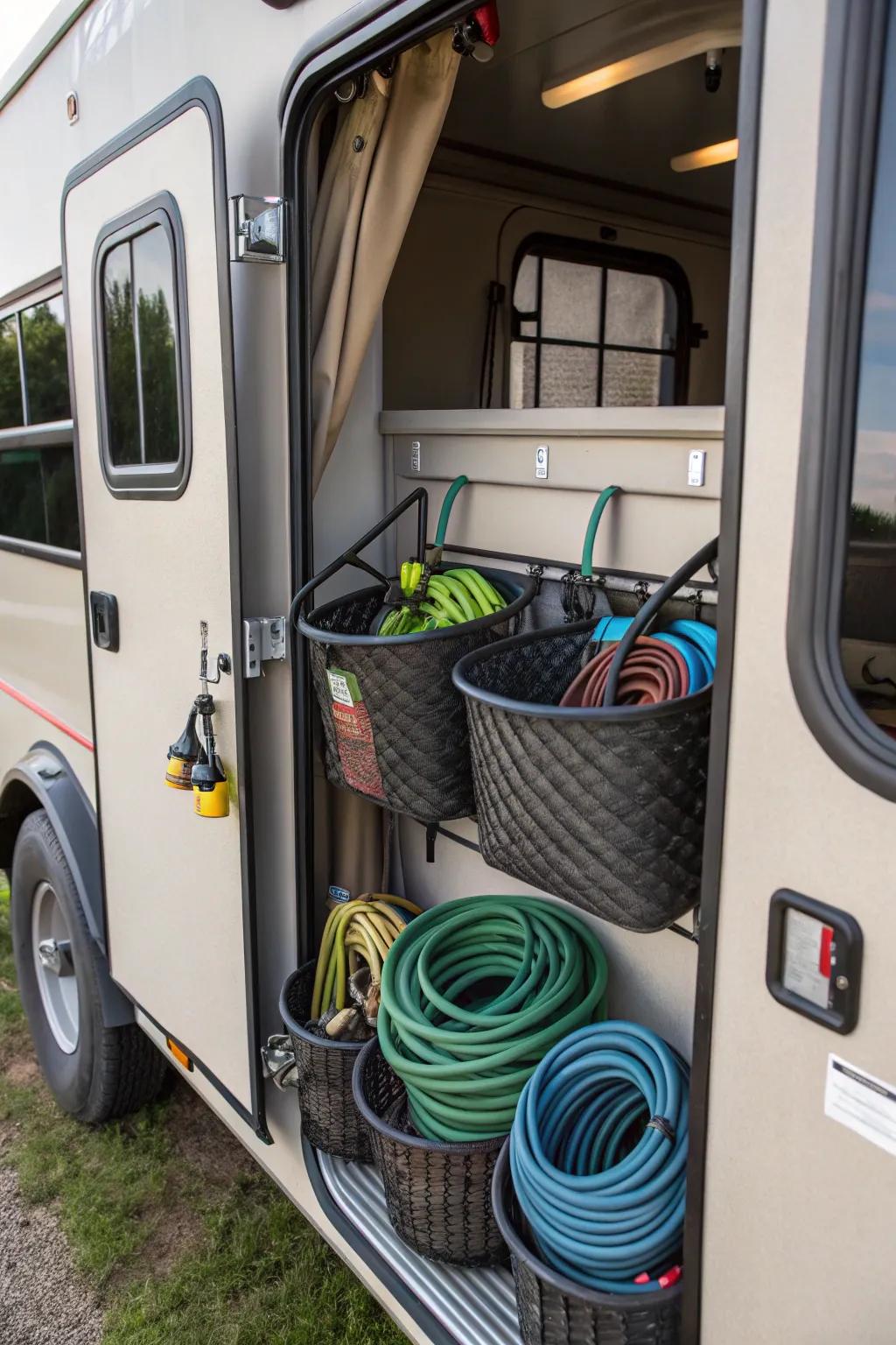 Collapsible baskets offer flexible storage solutions for RV hoses.
