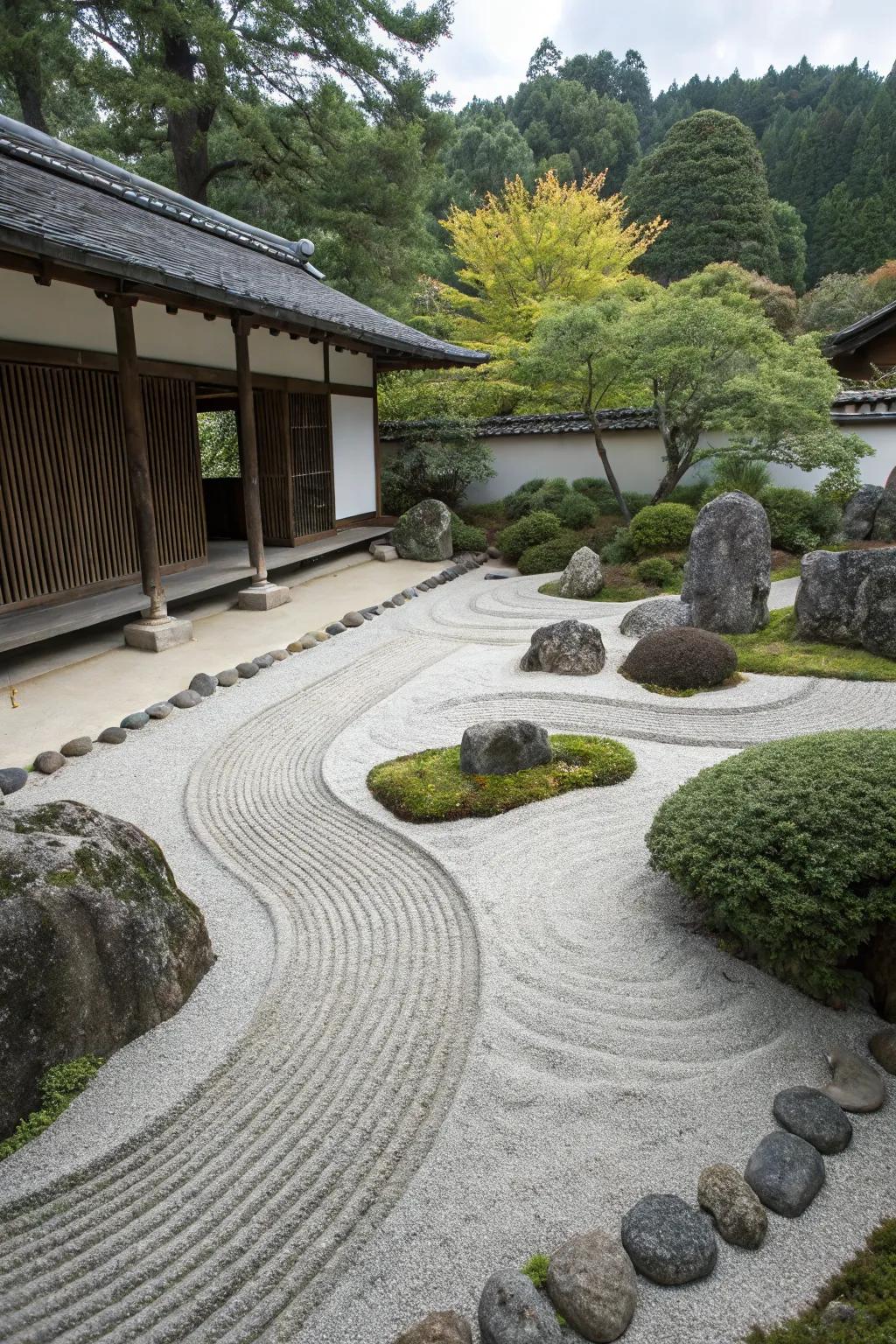 Find peace in a Zen garden with elegantly raked sand.