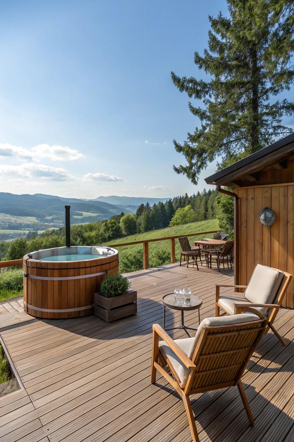 A spacious deck extends your sauna experience outdoors.