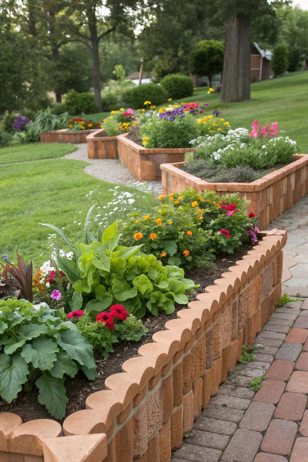 Elevated flower beds with charming scalloped bricks.
