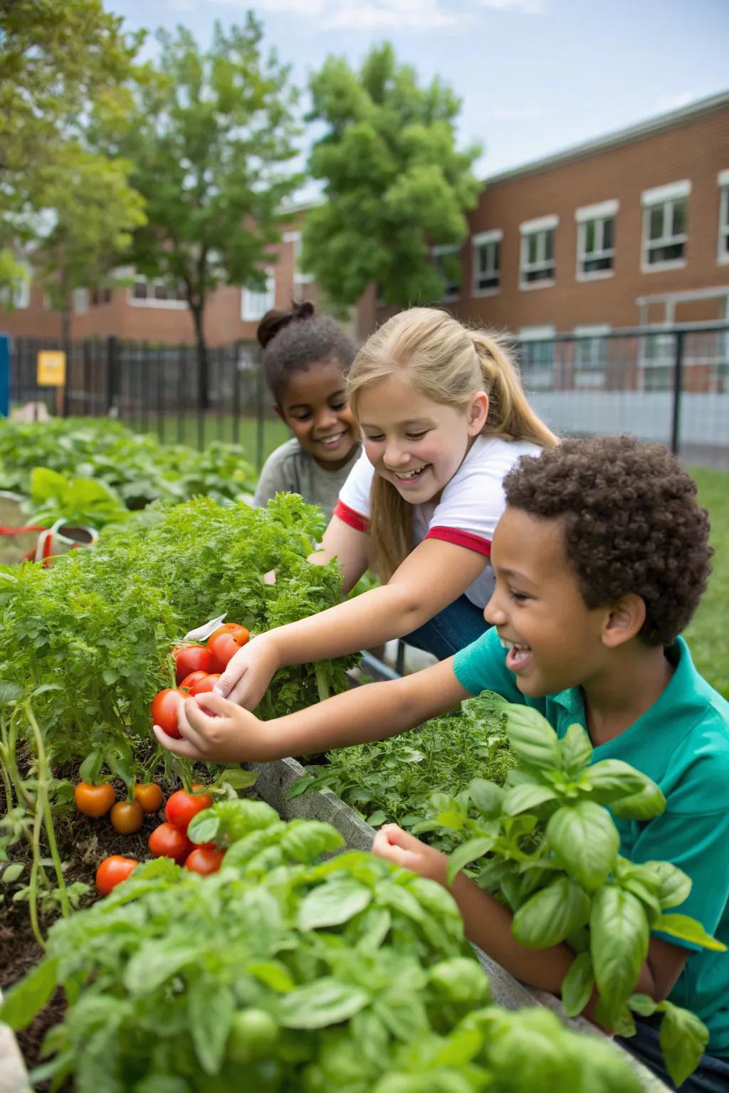 Young students harvesting fresh tomatoes and basil from their school garden.