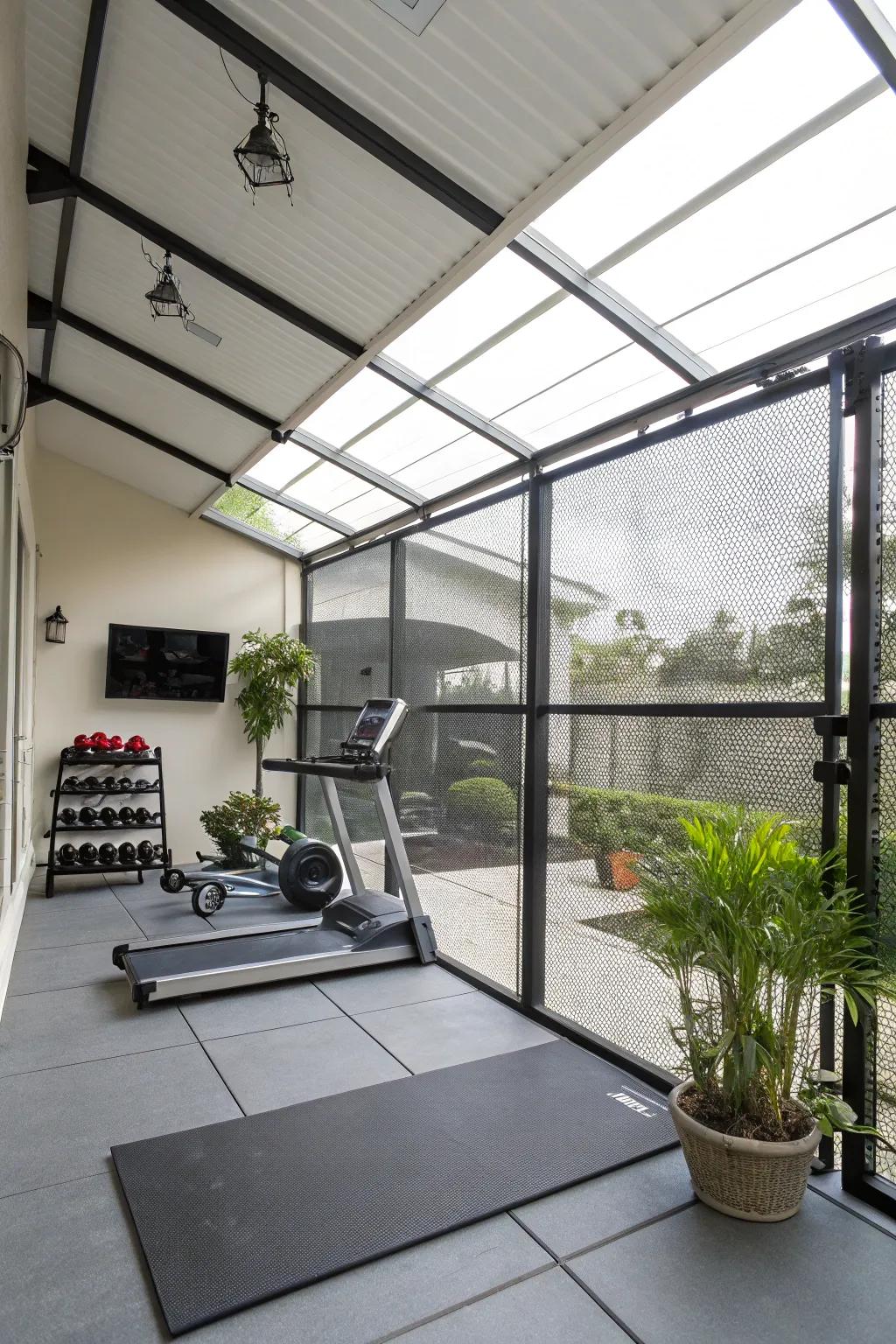 A personal gym setup in a screened carport.