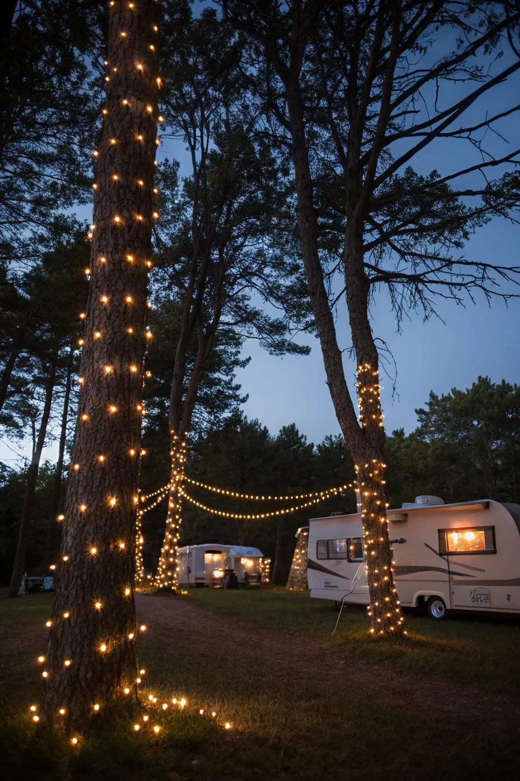 A campsite aglow with enchanting string lights.