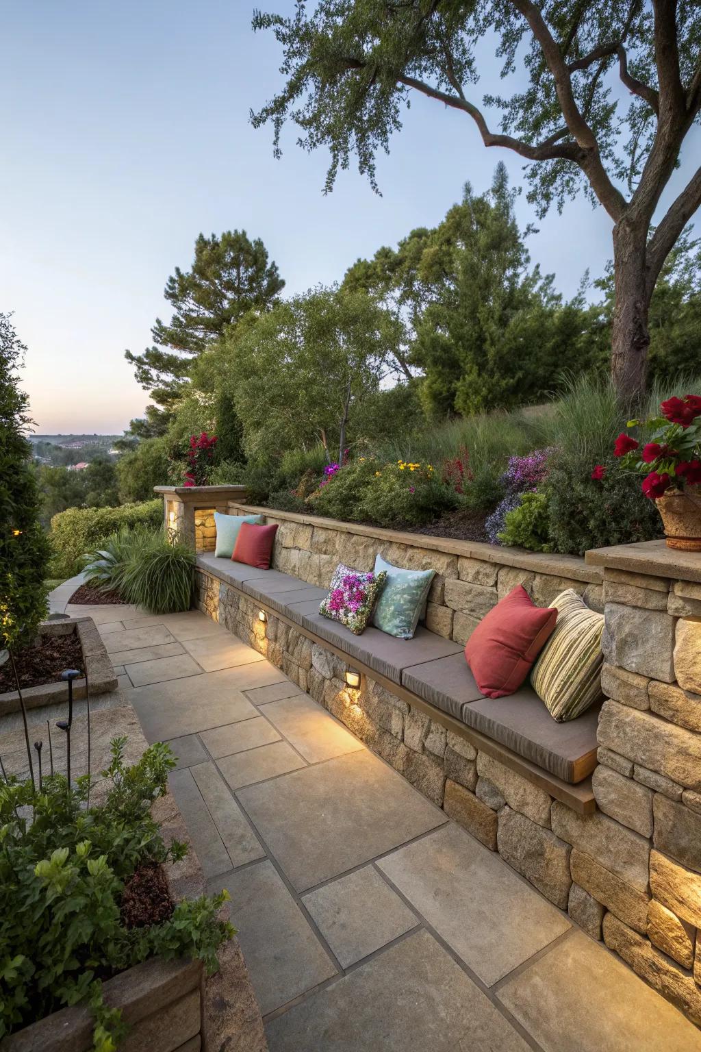 Integrated bench seating wall for minimalist outdoor elegance.