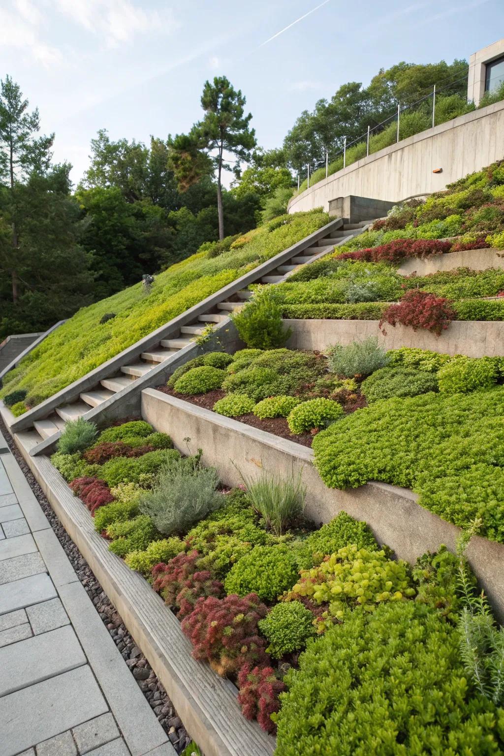 A terraced slope beautifully covered with sedum.