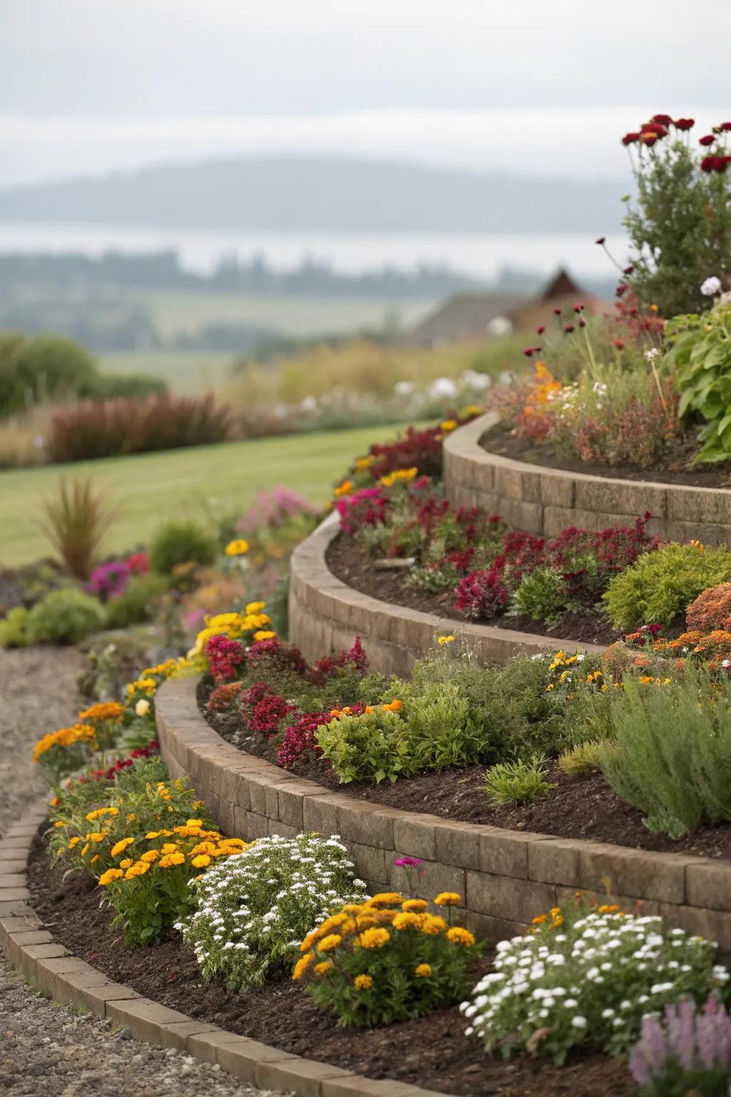 Layered plants create a cascading effect in a semi-circle bed.