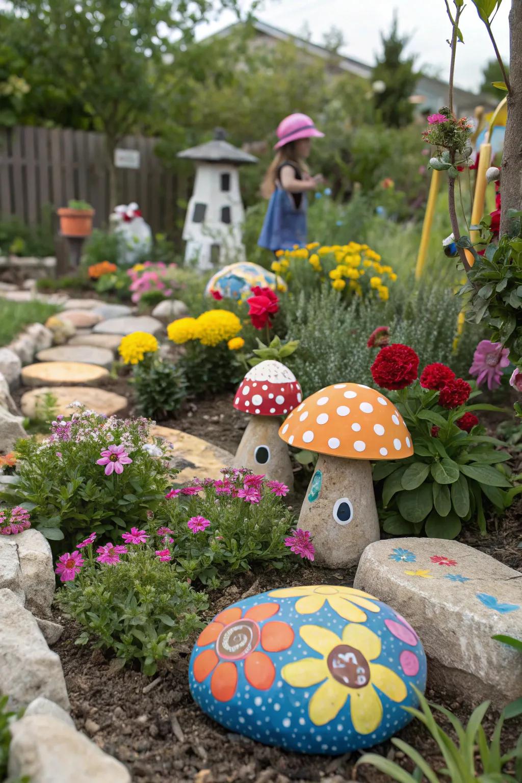 Brightly painted decor items add colorful charm to the sensory garden.