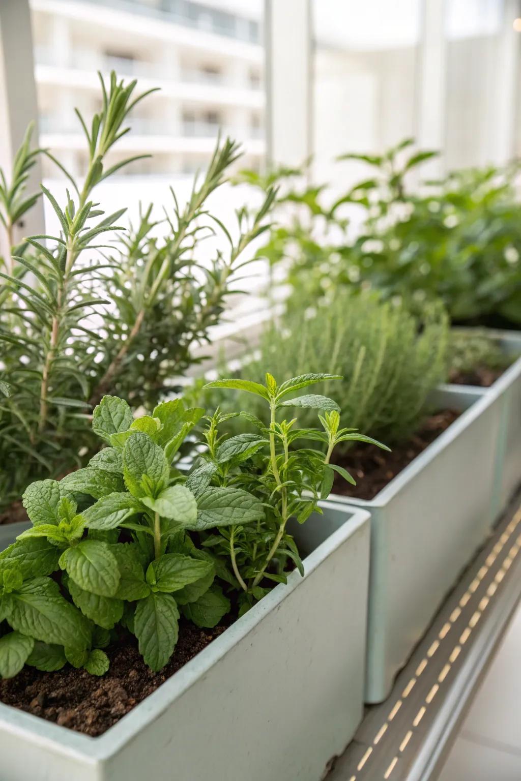Raised planters filled with aromatic herbs ready for harvesting.