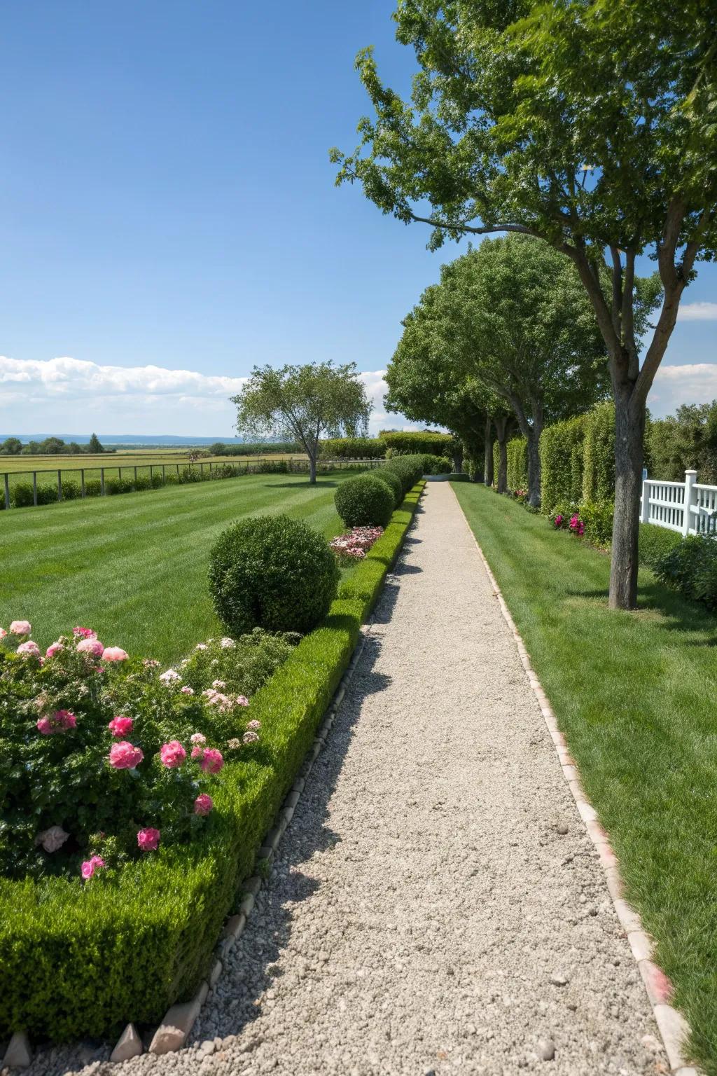 A charming gravel pathway defining the front yard's edge.