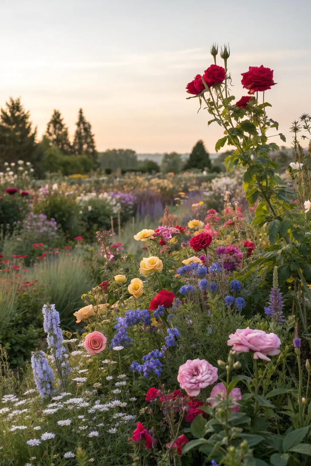 A riot of flowers creates a vibrant and inviting garden.