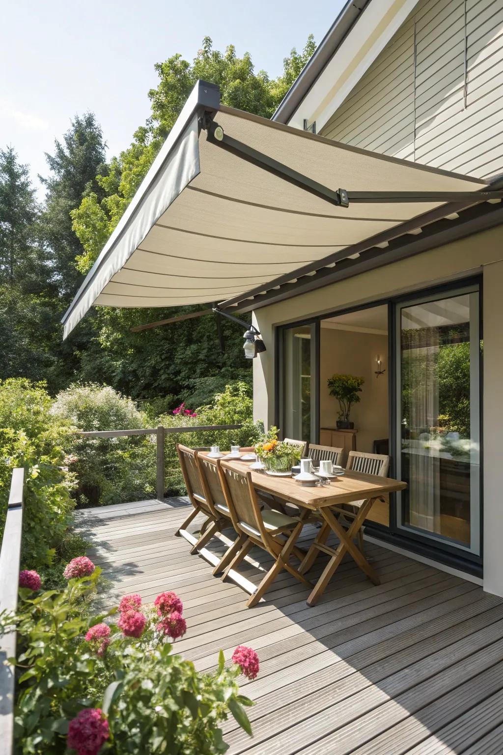Retractable awnings offer adjustable shade for changing needs.