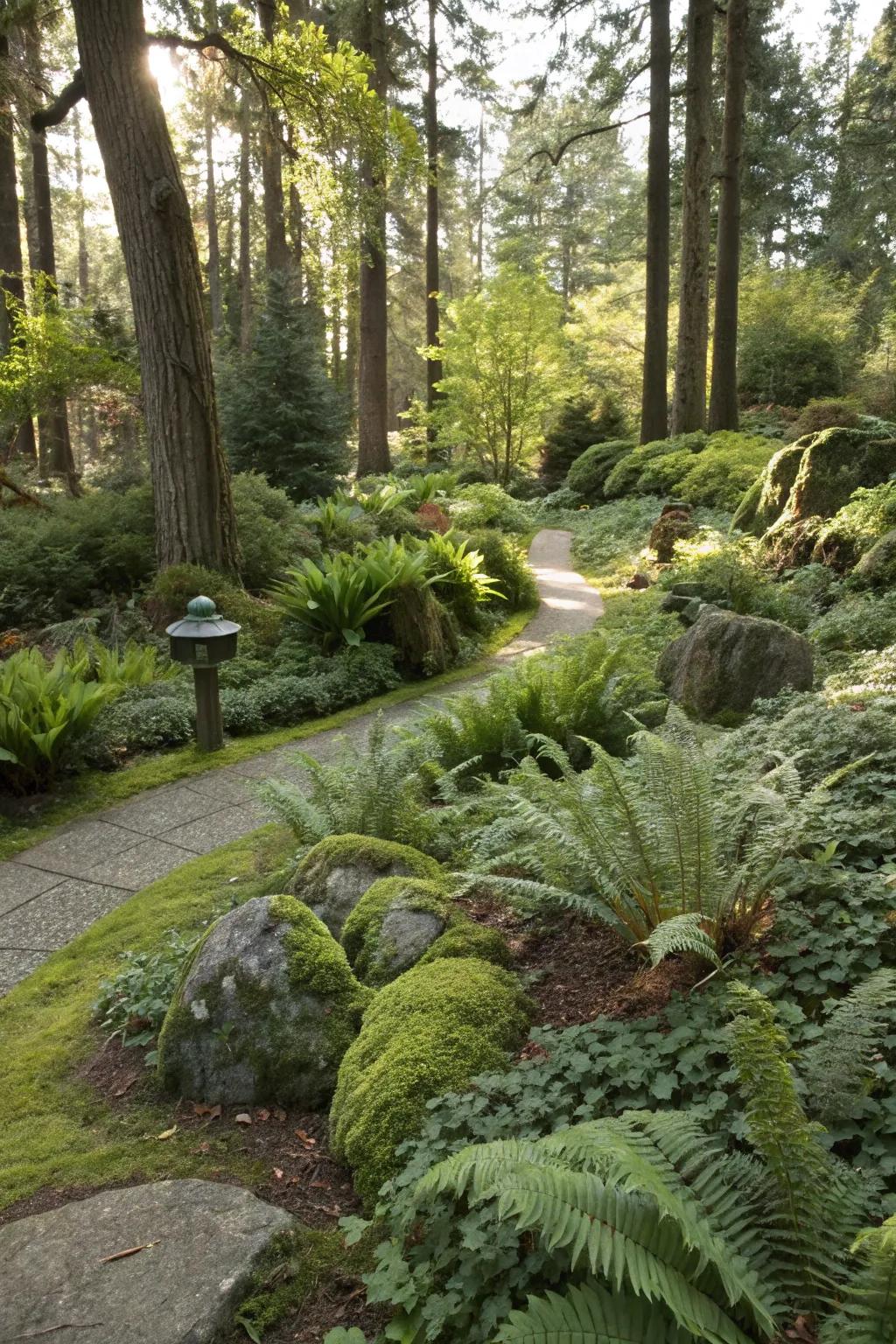 A woodland-inspired shade garden with ferns and moss.