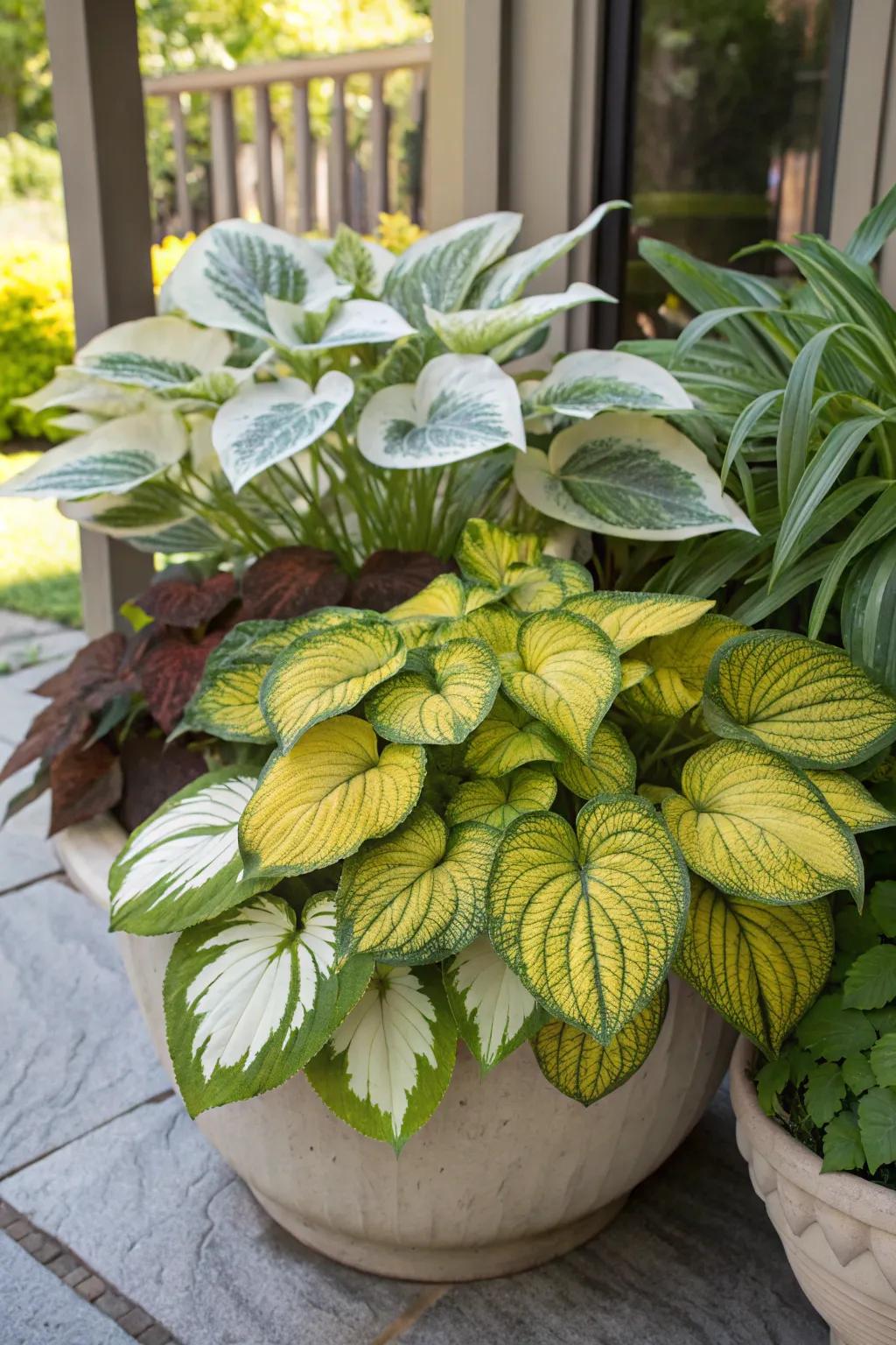 A variety of hostas displaying diverse foliage colors in a large decorative pot.