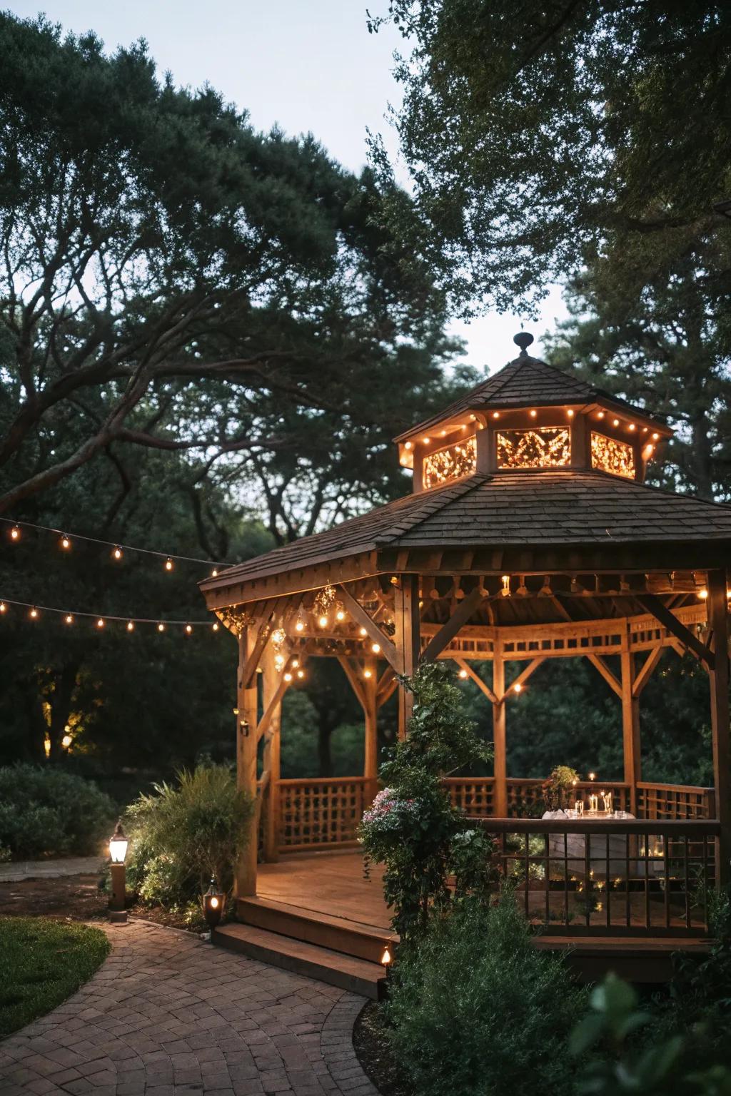A gazebo with string lights offers a perfect blend of shade and evening charm.