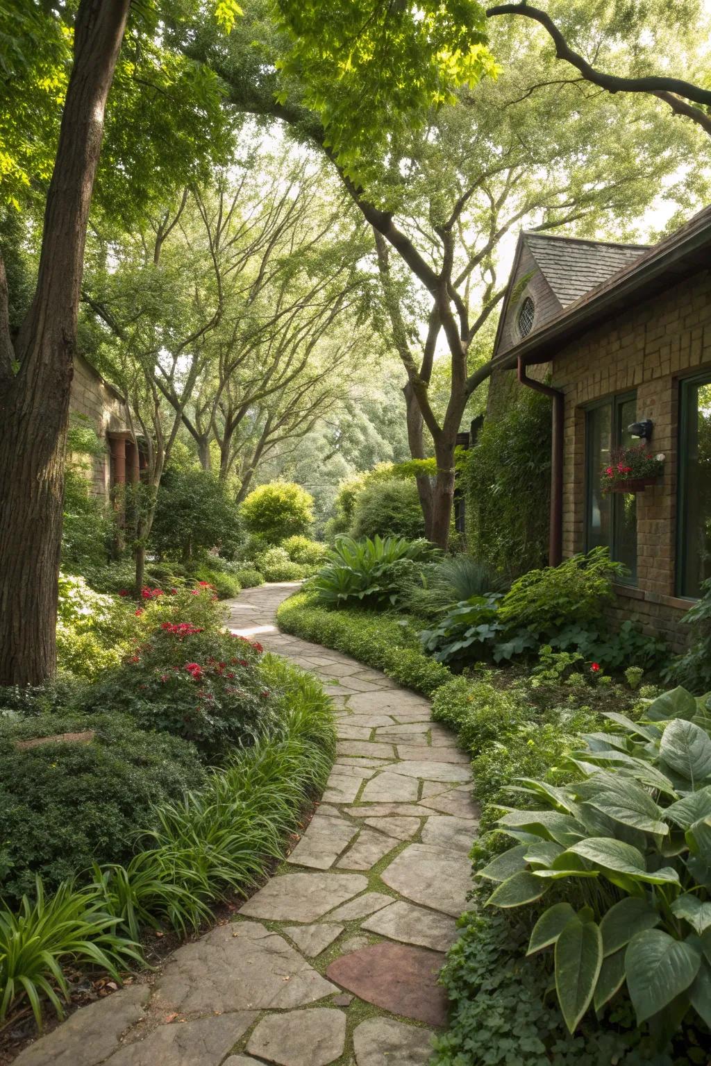 Stone pathways add both beauty and functionality to shady gardens.