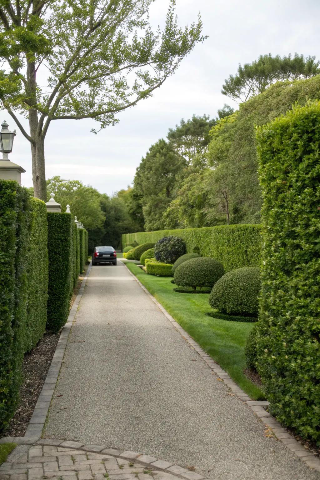 Green hedges add a touch of nature and define driveway borders beautifully.