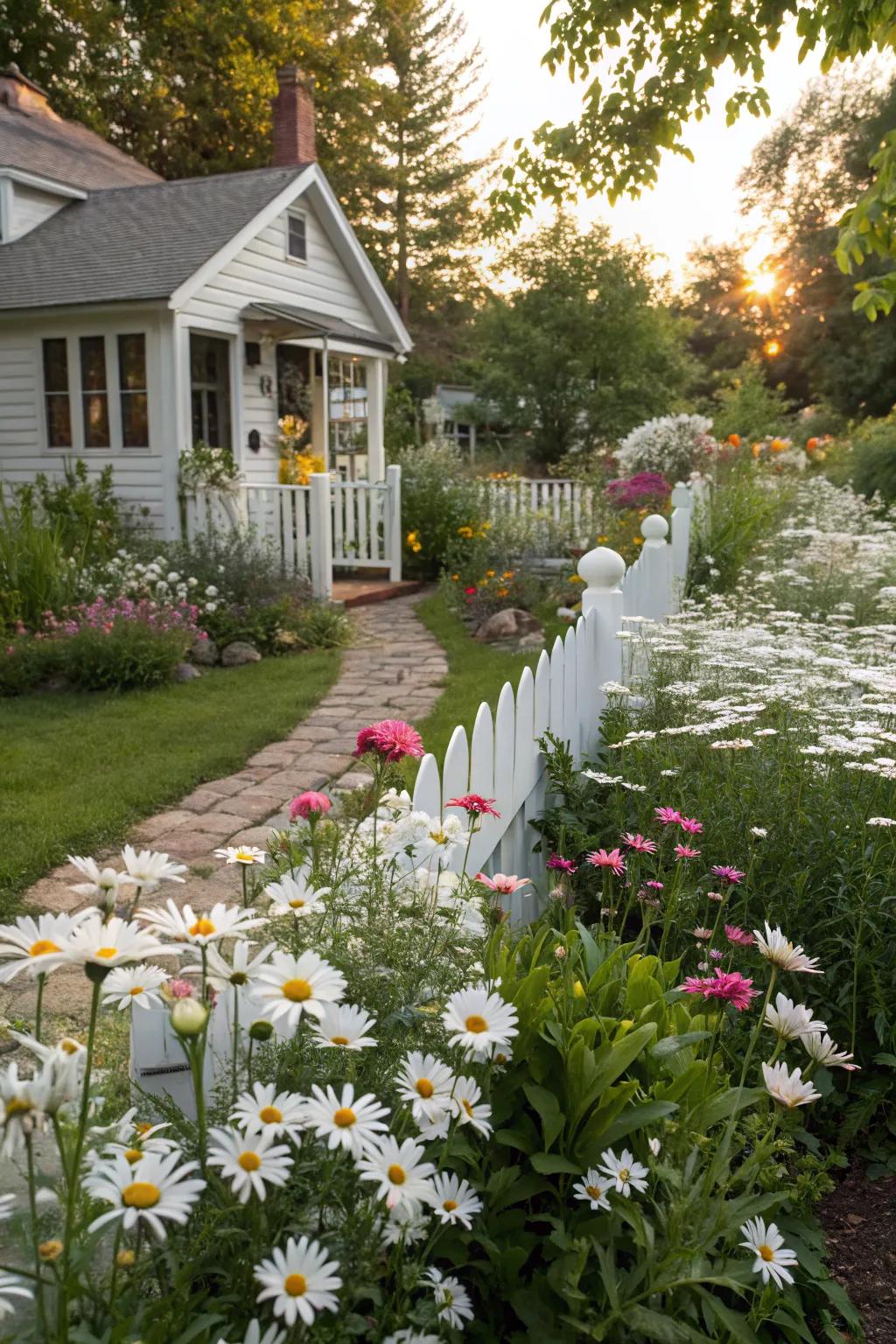 Shasta daisies adding a whimsical touch to a charming cottage garden.