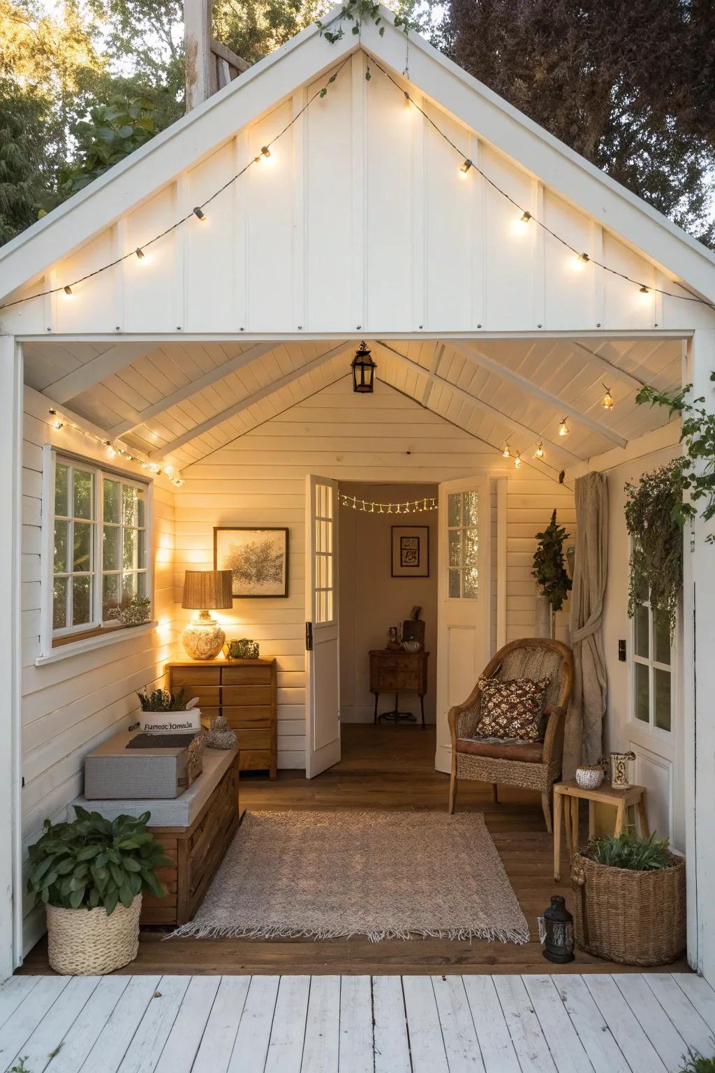 A bright and airy she shed with a crisp white ceiling.