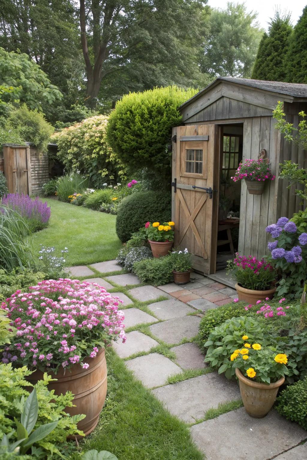 A lively garden scene with greenery embracing the shed entrance.