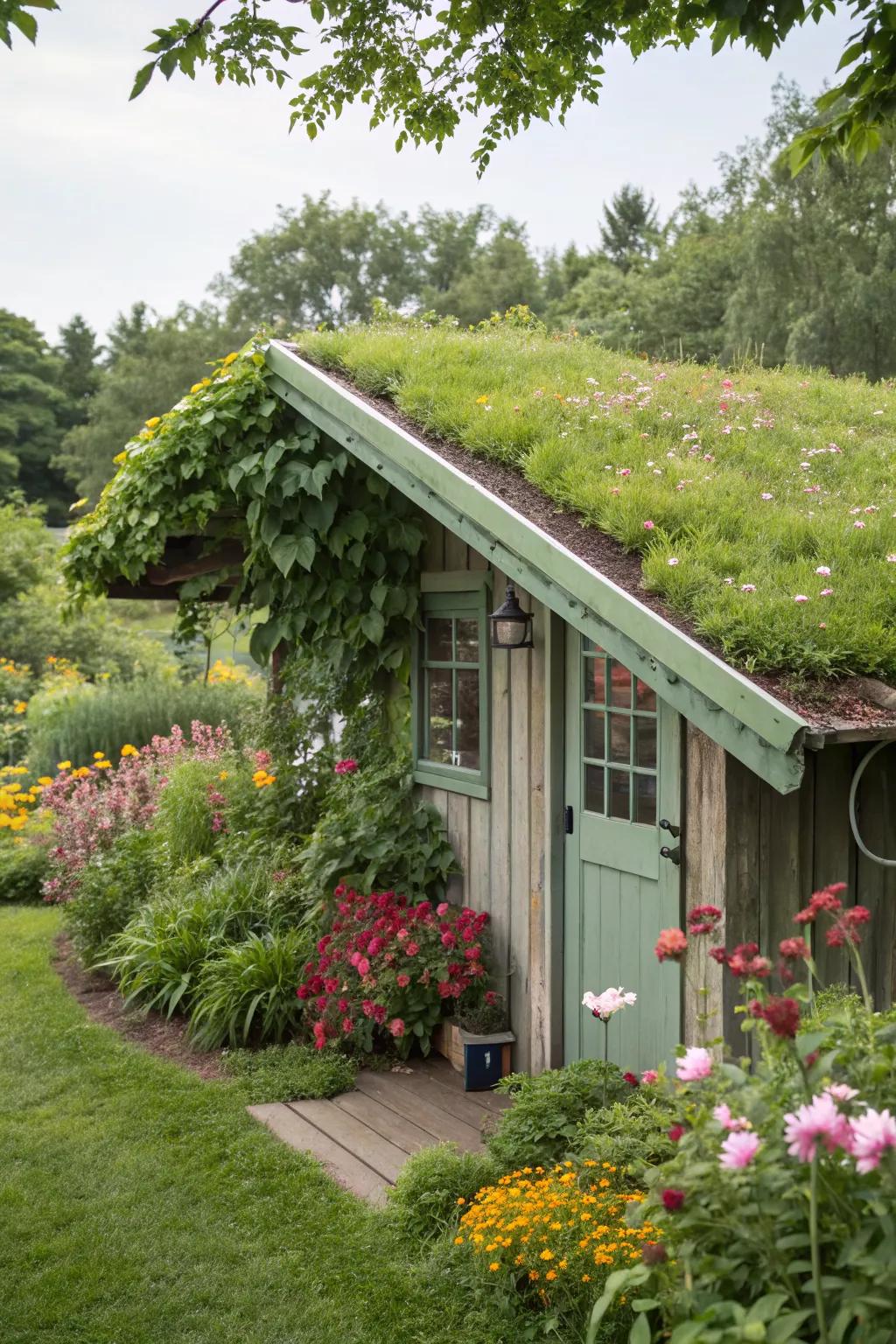 A green roof overhang that adds life and sustainability to your shed.
