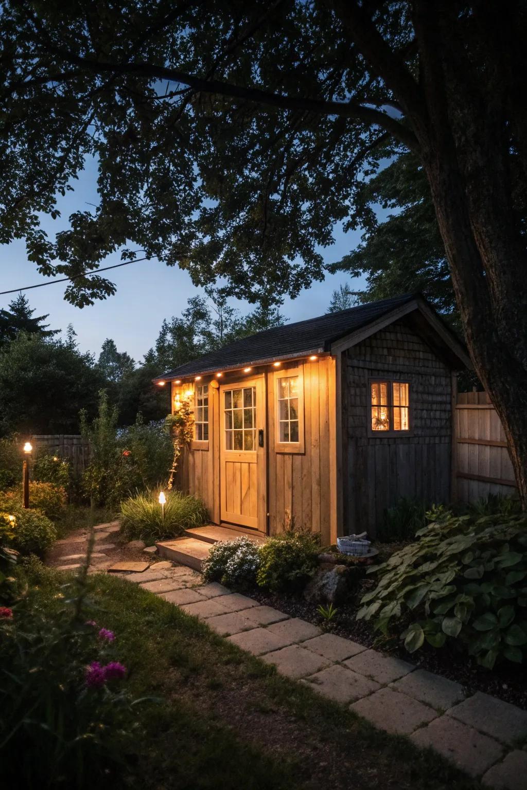 A shed transformed into a glowing focal point at night.
