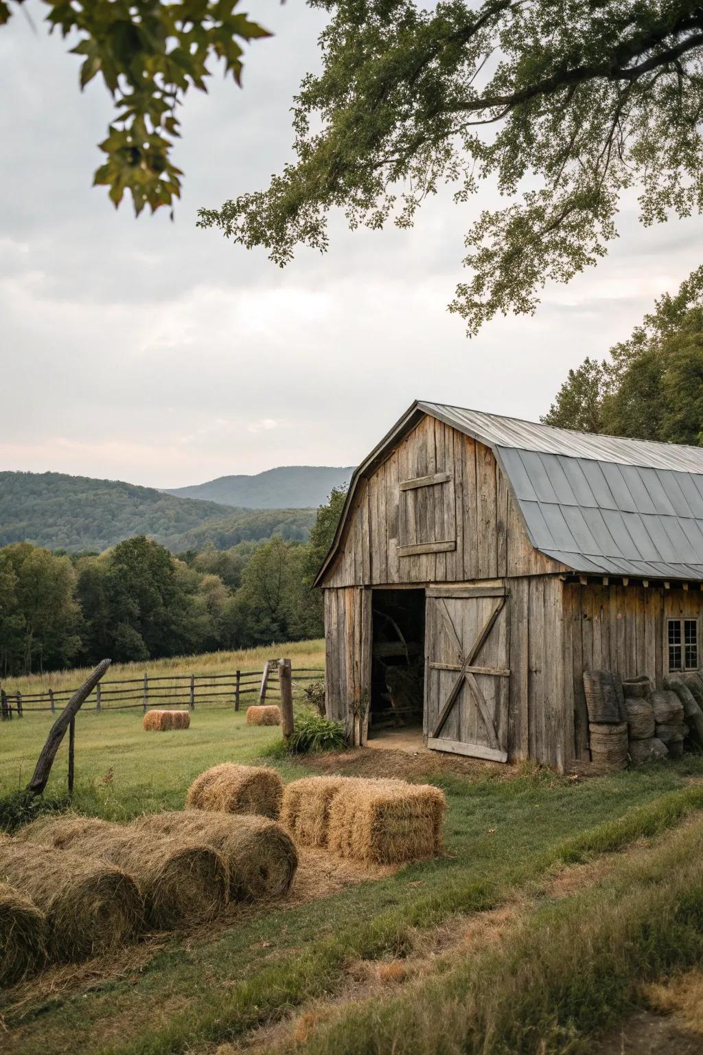 A rustic gambrel roof shed adds charm and storage space.