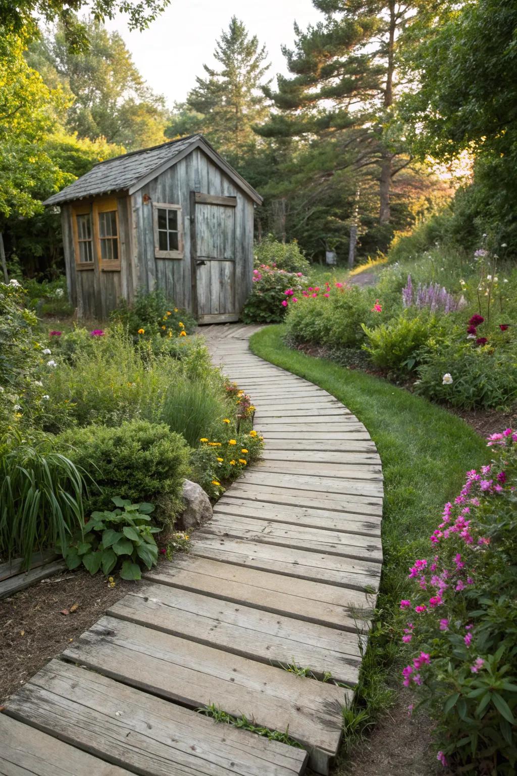 Wooden planks provide a warm, rustic path to your shed.