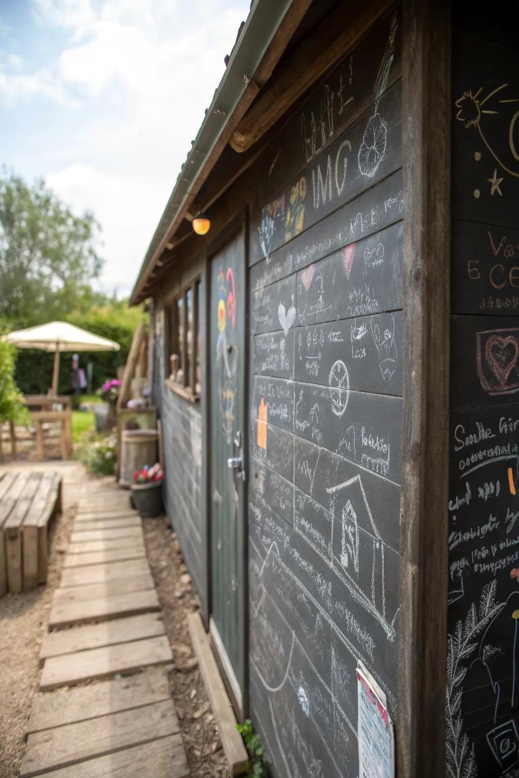 A chalkboard wall in a shed, perfect for creativity and planning.
