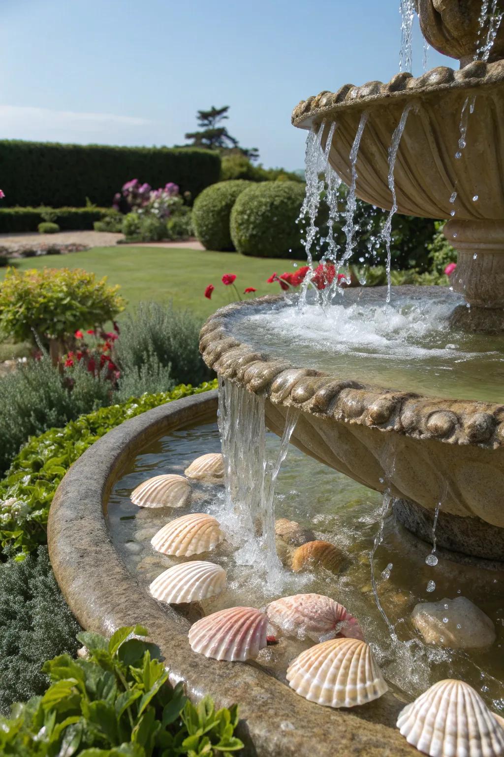 Create a serene garden escape with a seashell water feature.