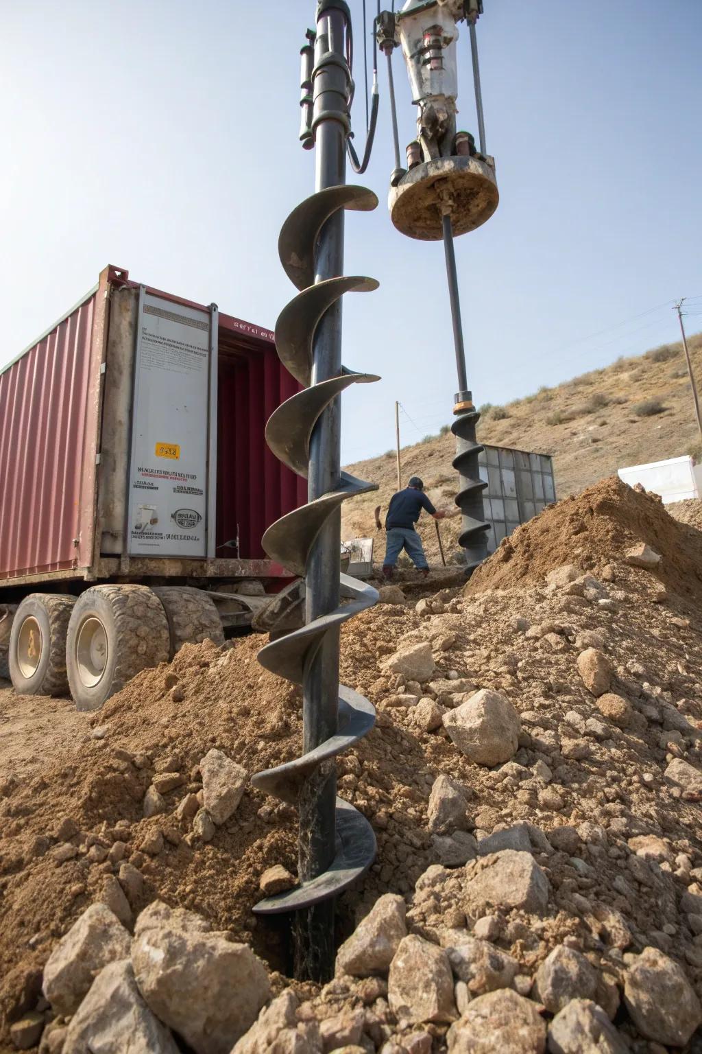 Helical piles offer deep support for containers on challenging terrains.